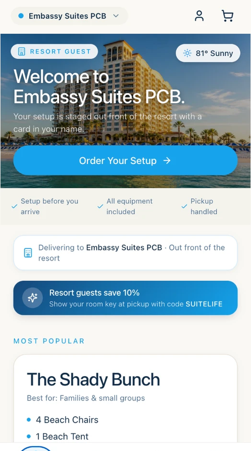 Kiosk home screen co-branded for Embassy Suites PCB with a welcome hero, delivery location and a resort-guest discount